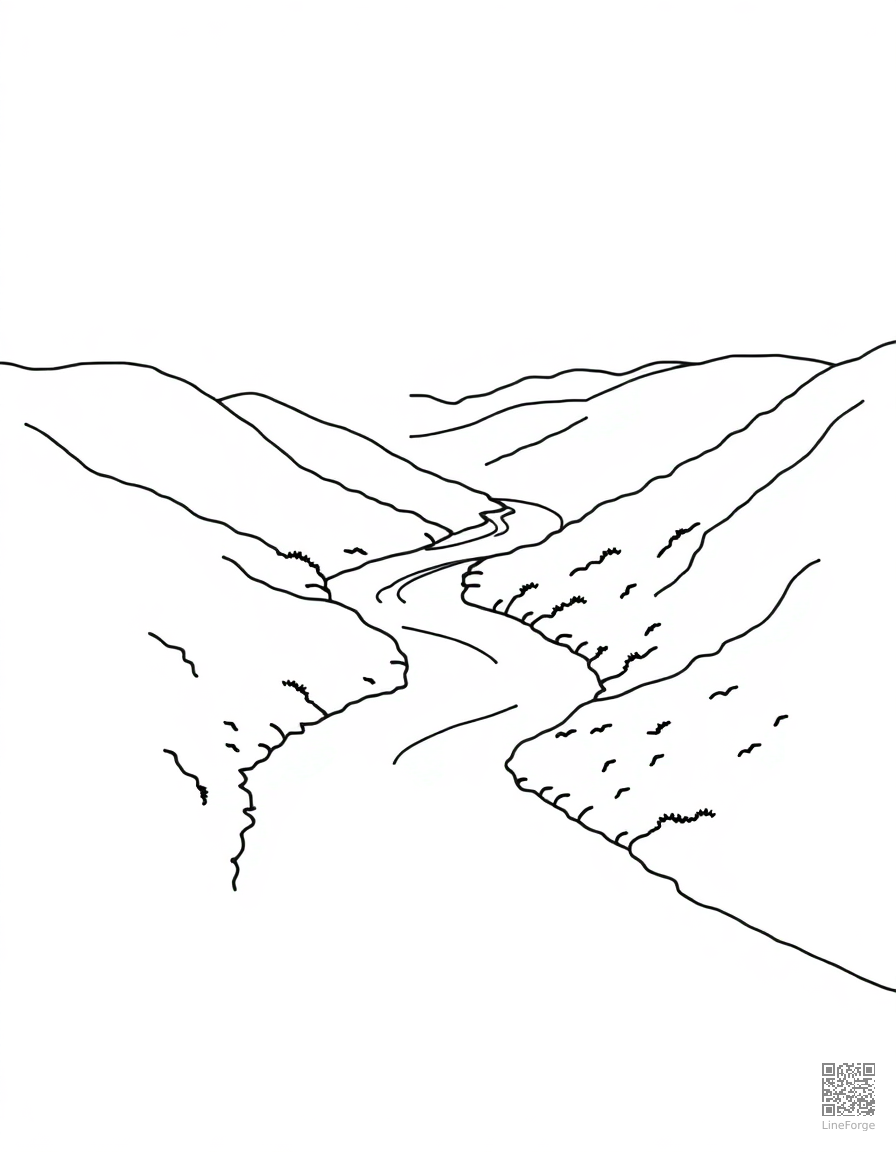 Free river winding through a green valley coloring page in minimal style — printable line art