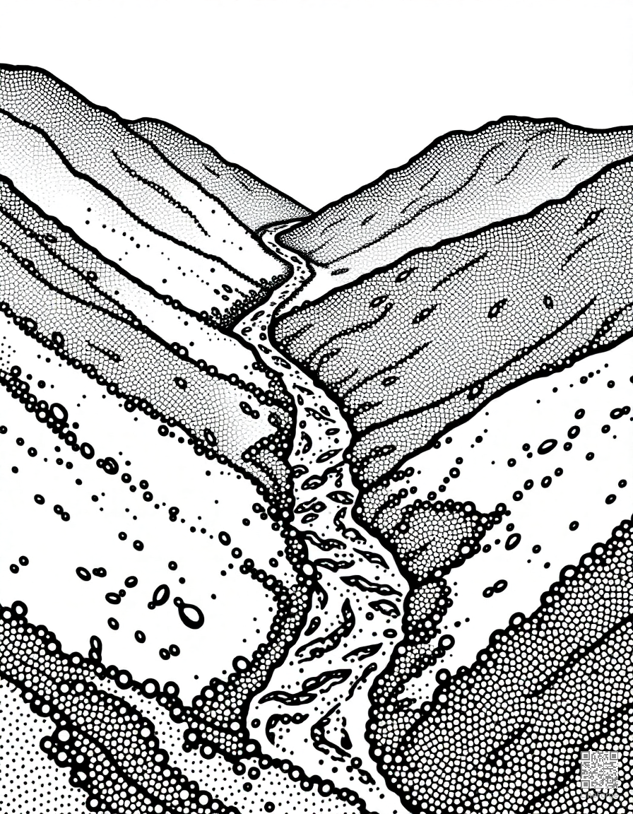 river winding through a green valley coloring page Stipple style free printable