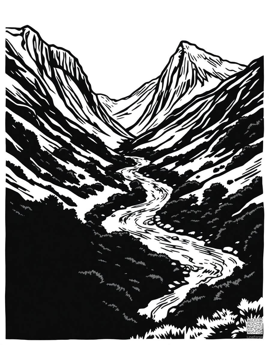 Free river winding through a green valley coloring page in woodcut style — printable line art