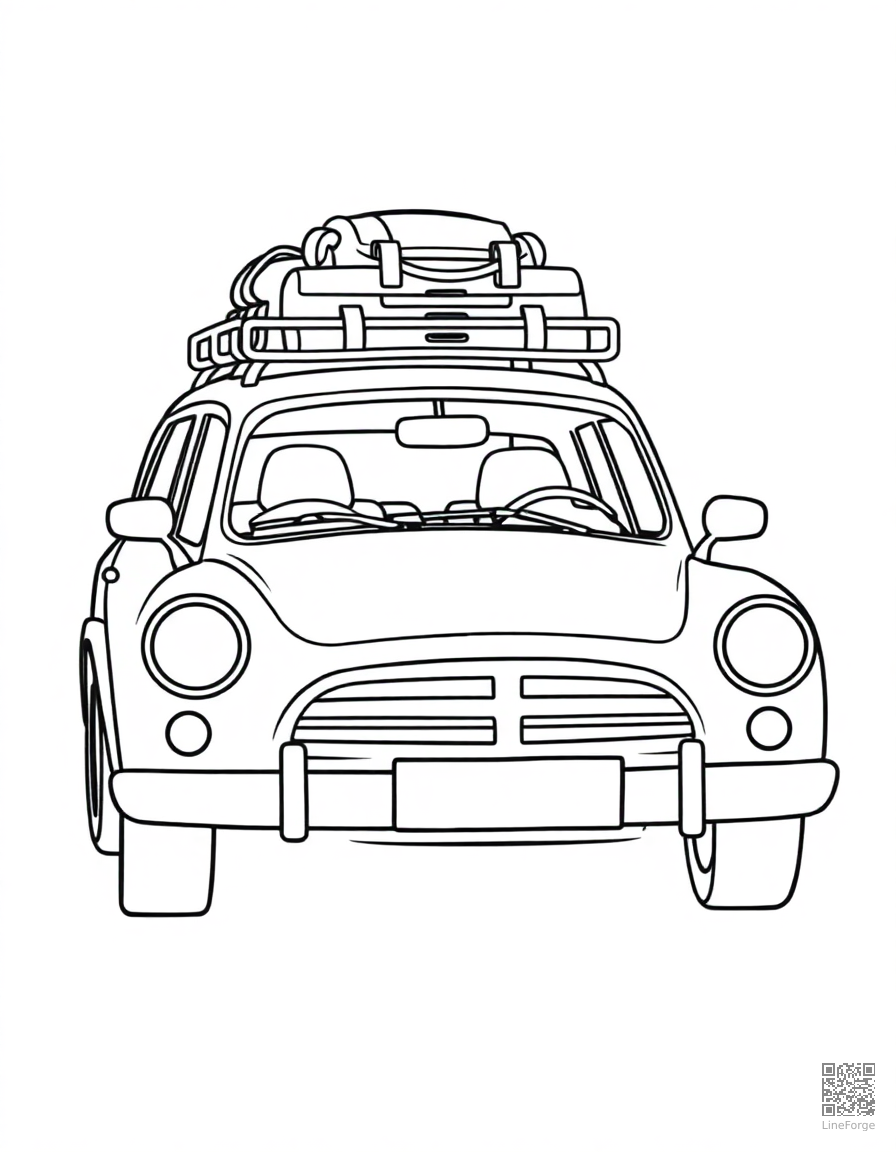 Free road trip car with luggage on top coloring page in contour style — printable line art