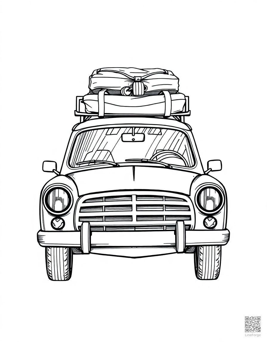 Free road trip car with luggage on top coloring page in crosshatch style — printable line art