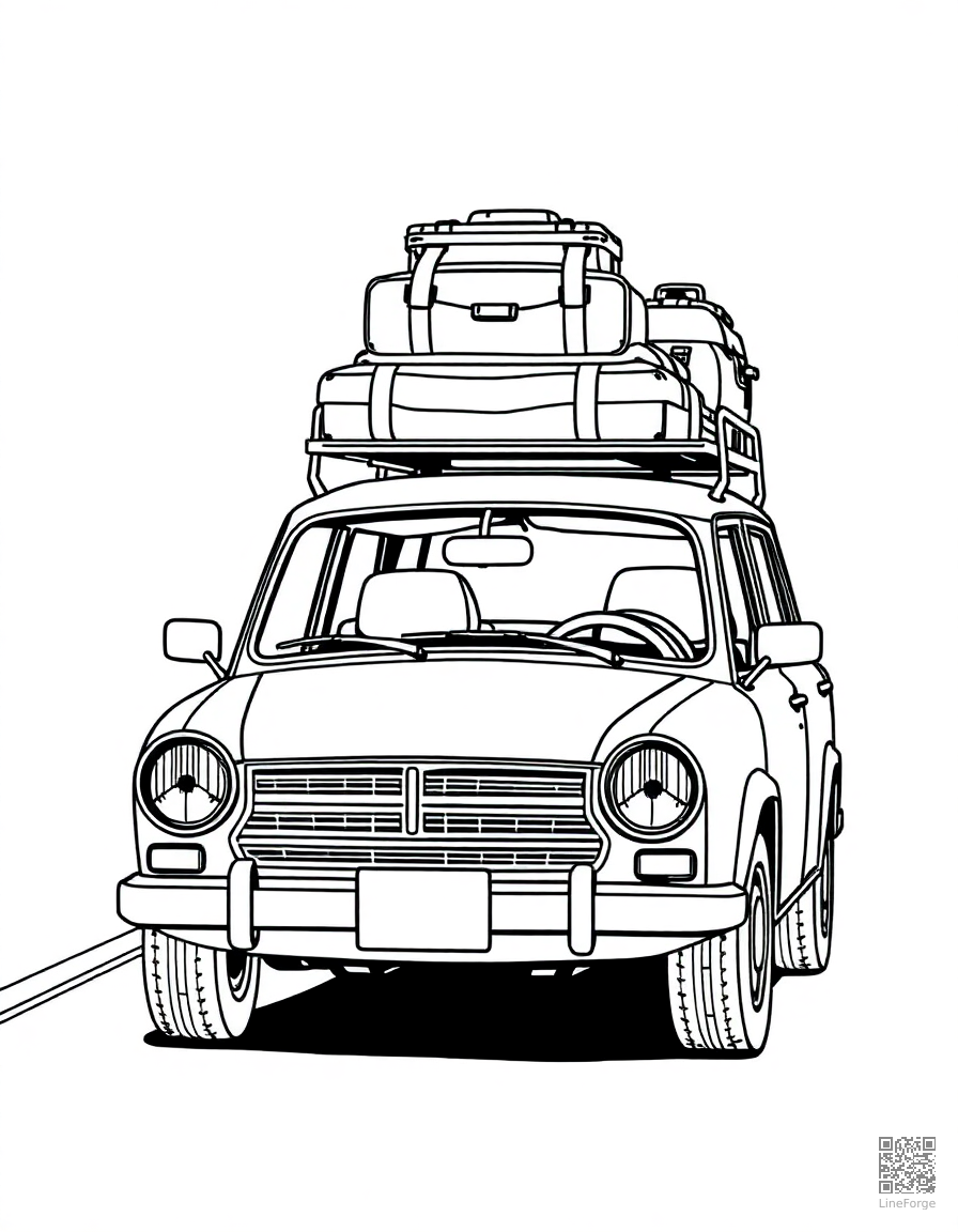 Free road trip car with luggage on top coloring page in manga style — printable line art