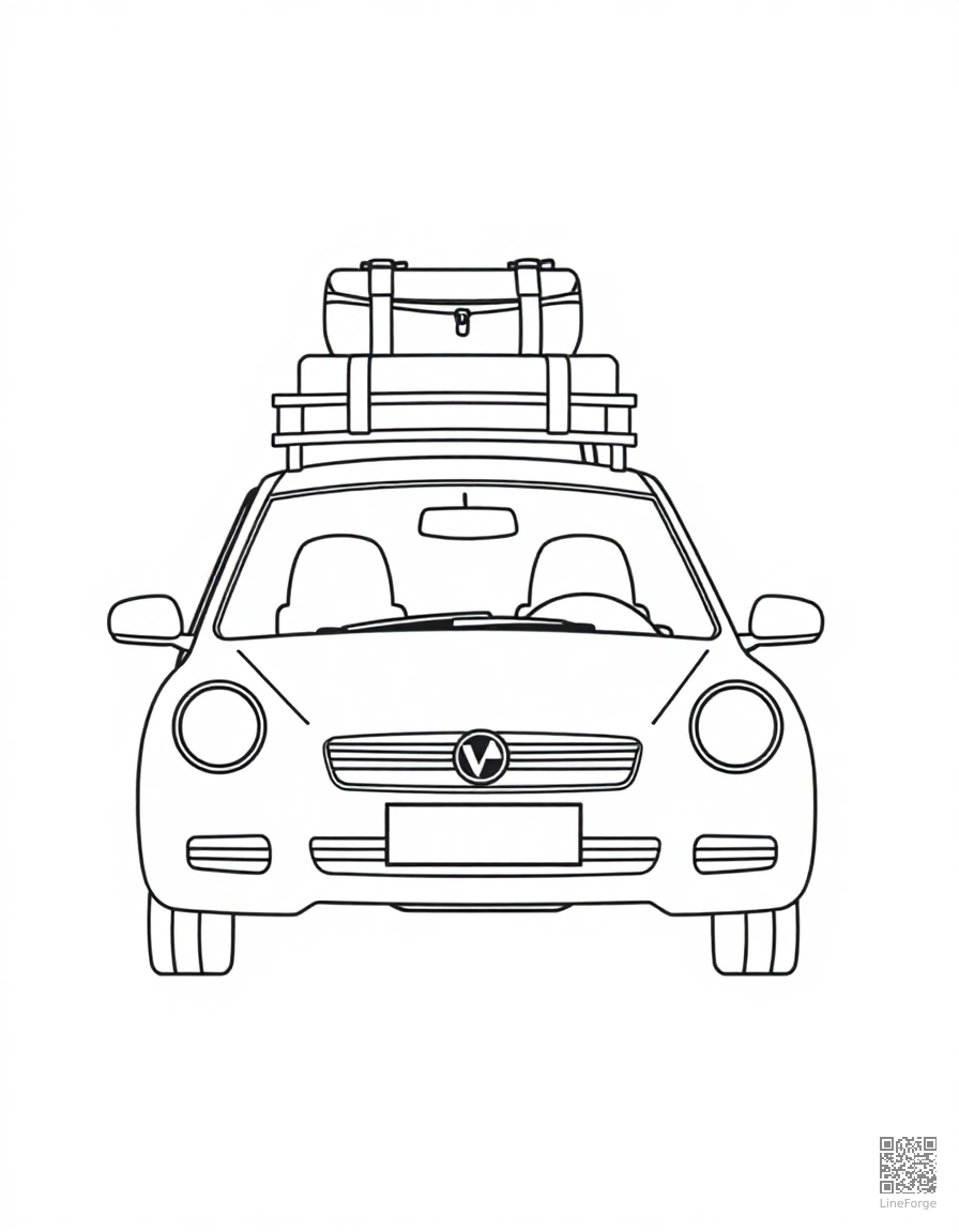 Free road trip car with luggage on top coloring page in minimal style — printable line art
