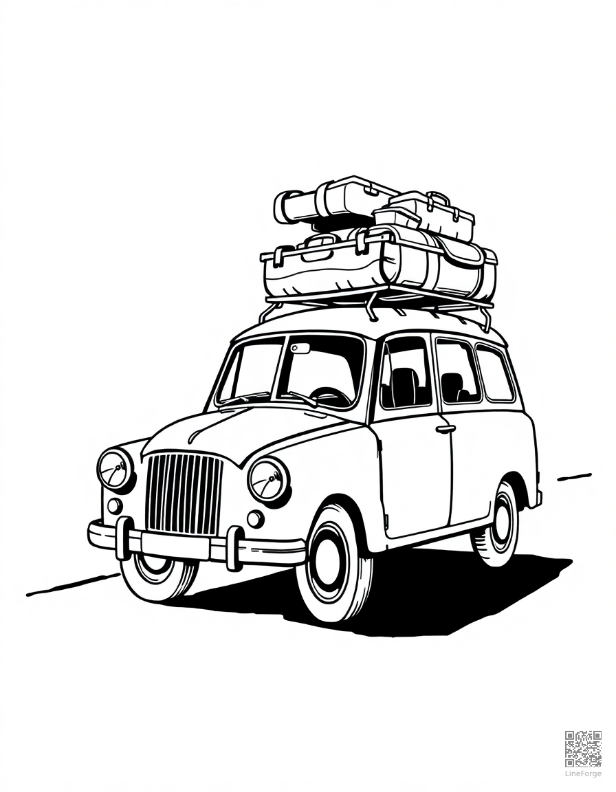 Free road trip car with luggage on top coloring page in woodcut style — printable line art