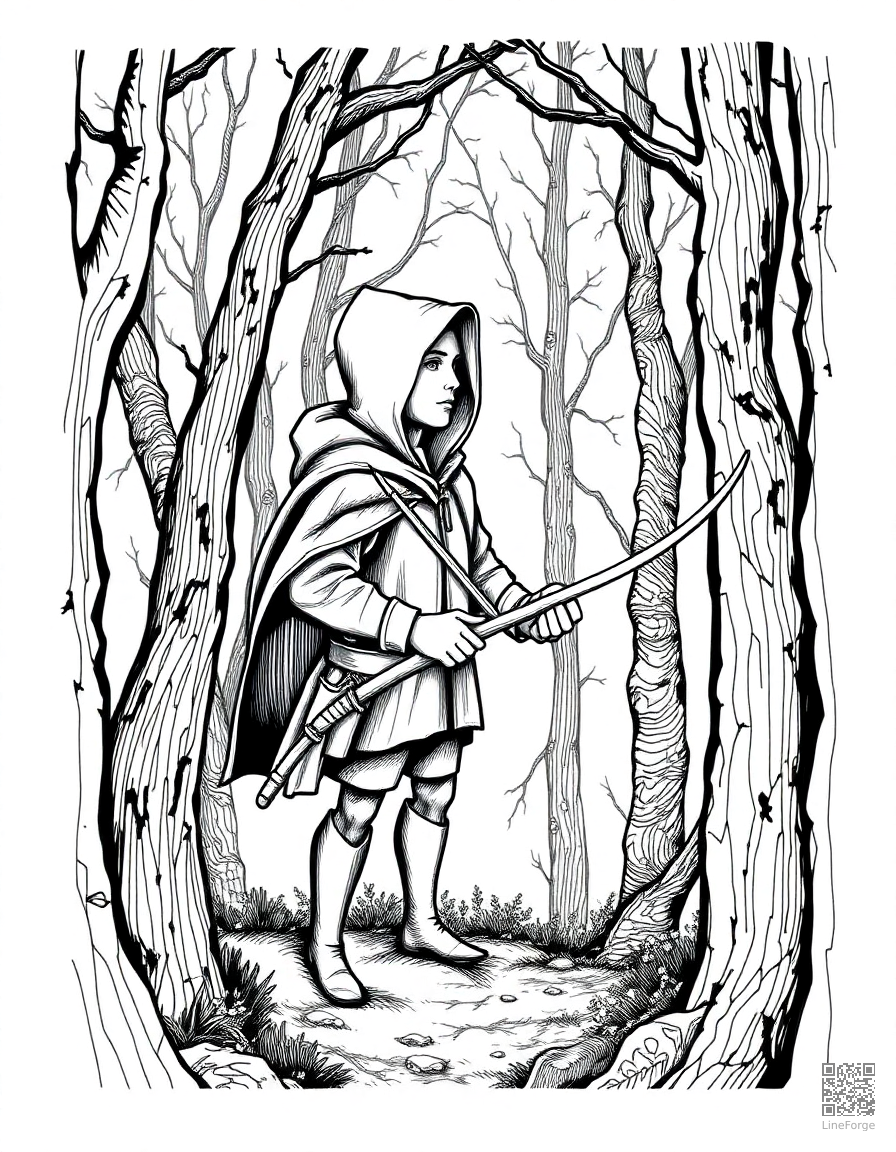 Free robin hood in sherwood forest coloring page in crosshatch style — printable line art