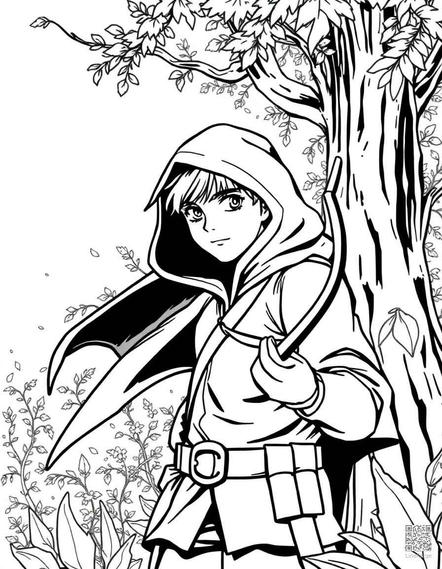 Free robin hood in sherwood forest coloring page in manga style — printable line art