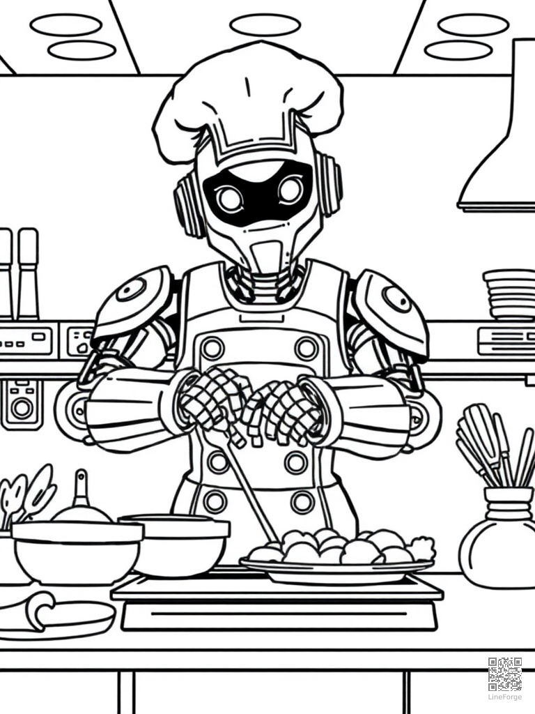 Robot chef cooking in a high-tech kitchen coloring page Contour style - free printable