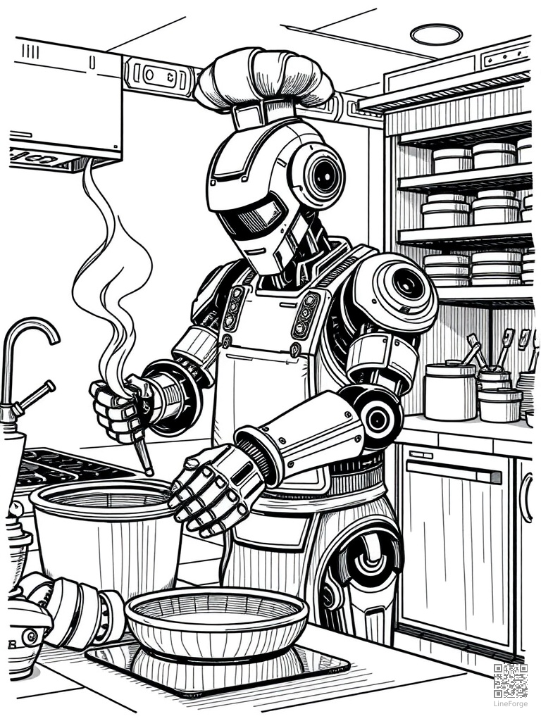 Robot chef cooking in a high-tech kitchen coloring page Crosshatch style - free printable