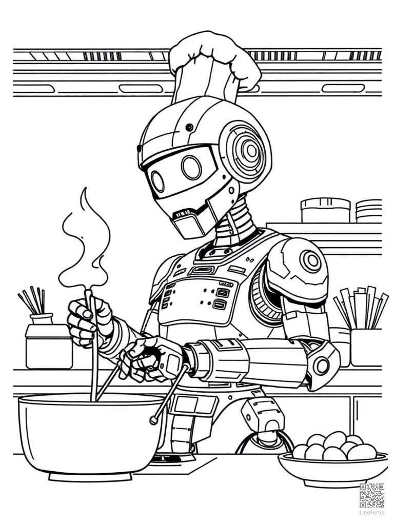 Robot chef cooking in a high-tech kitchen coloring page Manga style - free printable