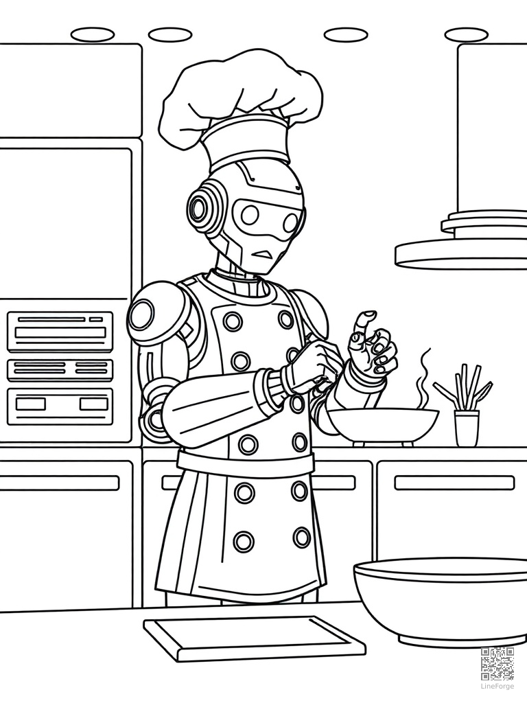 Robot chef cooking in a high-tech kitchen coloring page Minimal style - free printable