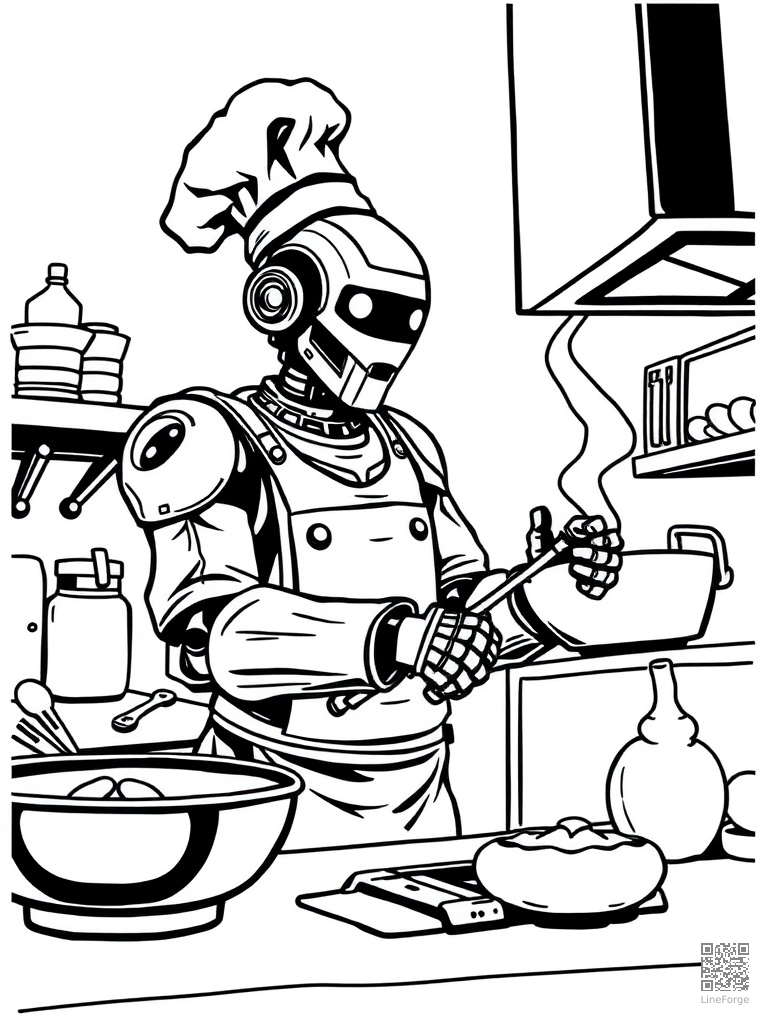 Robot chef cooking in a high-tech kitchen coloring page Woodcut style - free printable