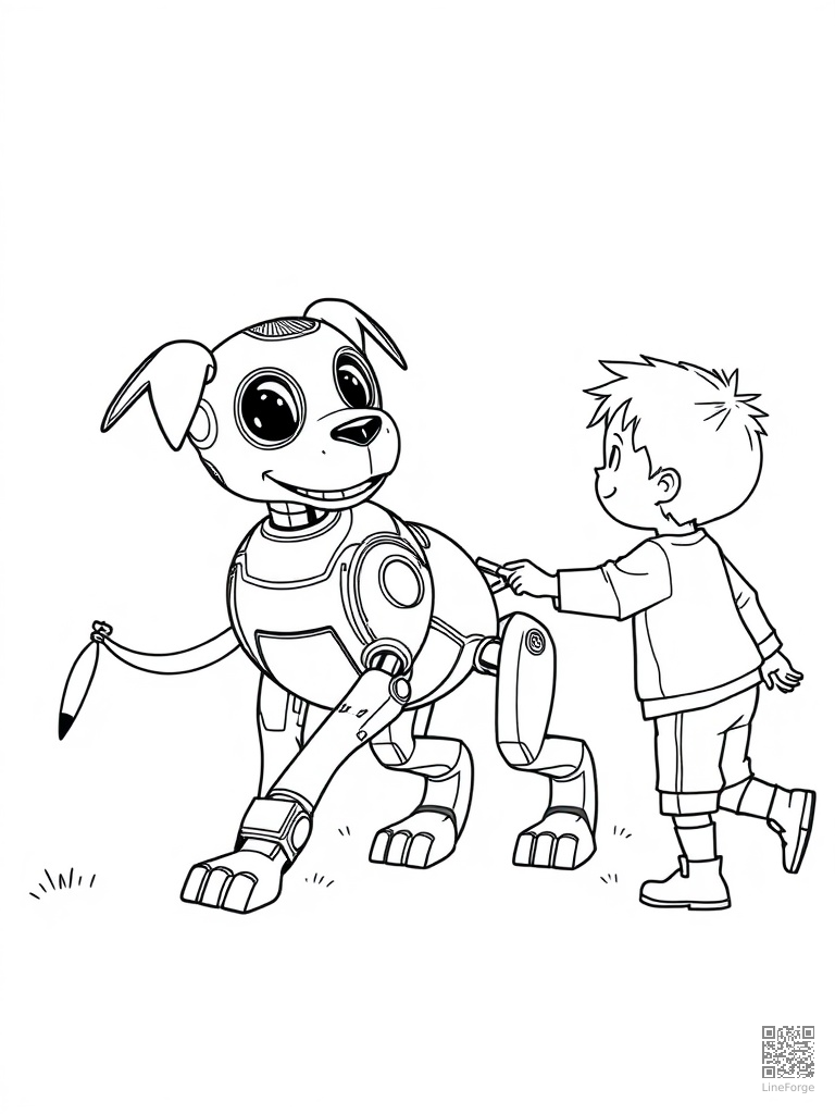 Robot dog playing fetch with a kid coloring page Contour style - free printable