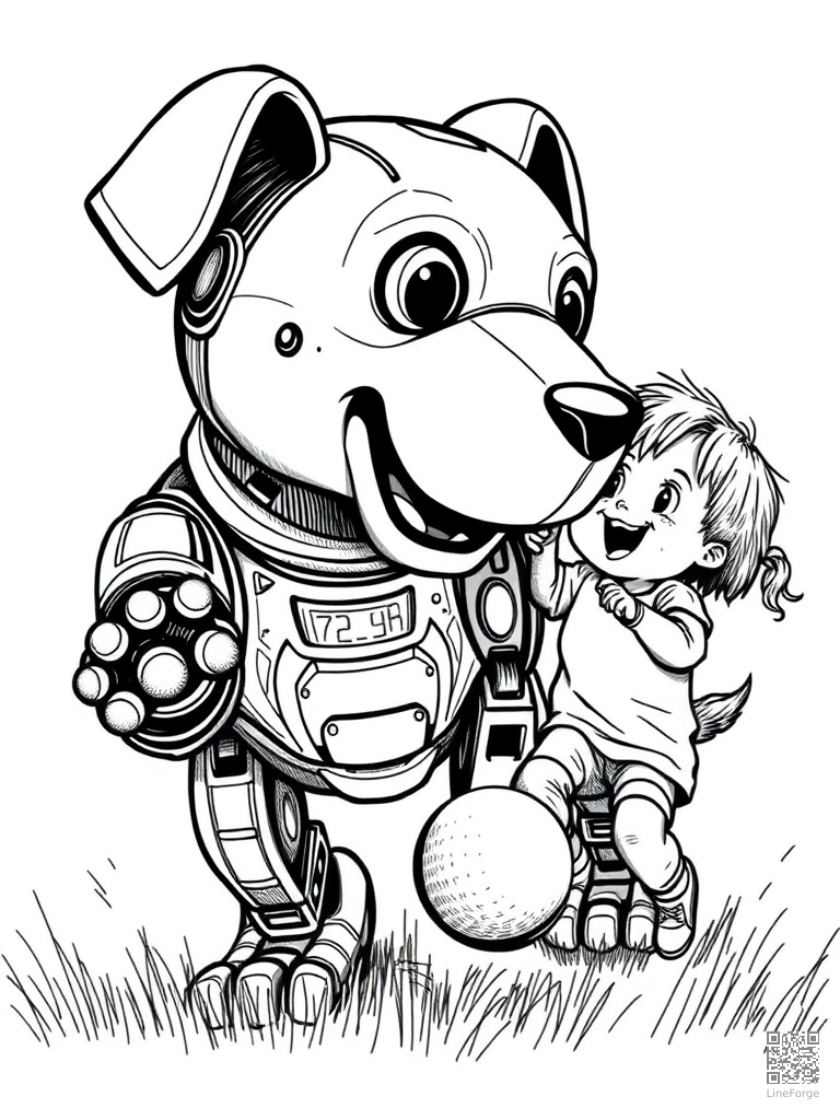 Robot dog playing fetch with a kid coloring page Crosshatch style - free printable