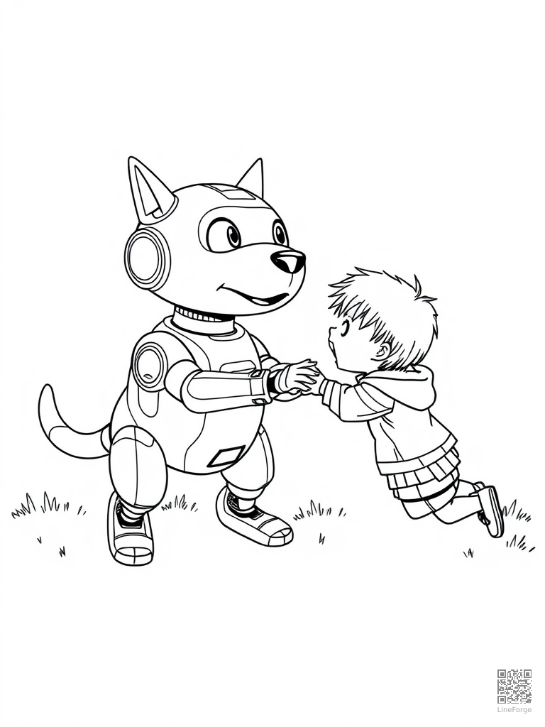 Robot dog playing fetch with a kid coloring page Manga style - free printable