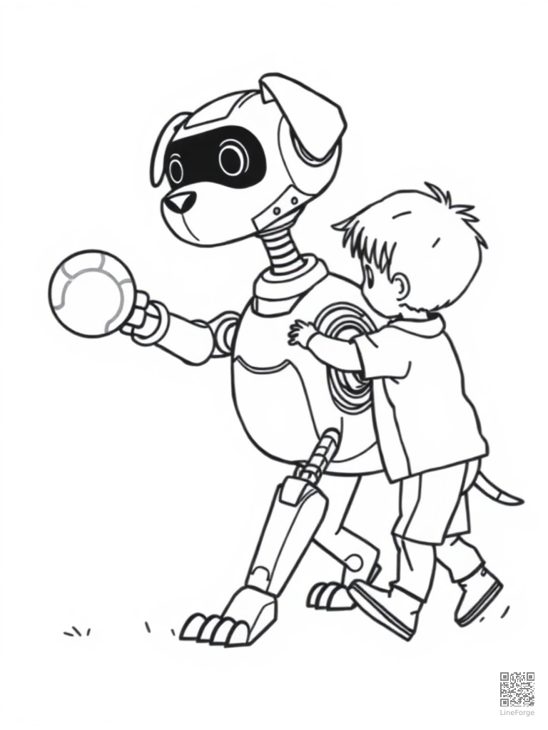 Robot dog playing fetch with a kid coloring page Minimal style - free printable