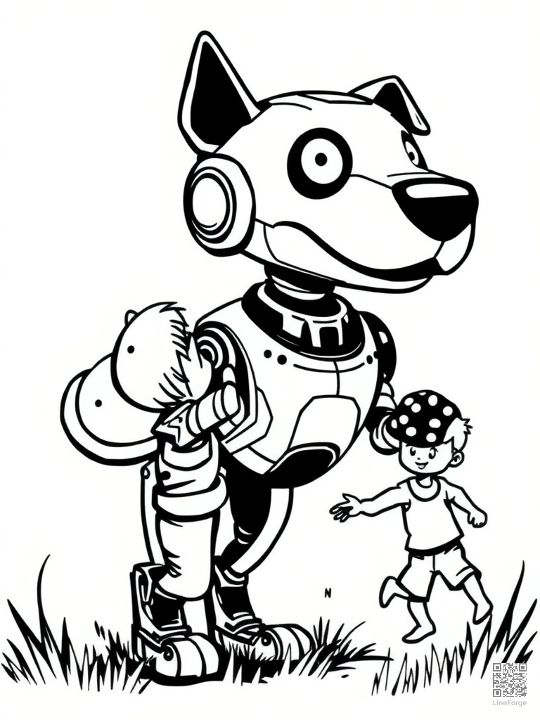 Robot dog playing fetch with a kid coloring page Woodcut style - free printable