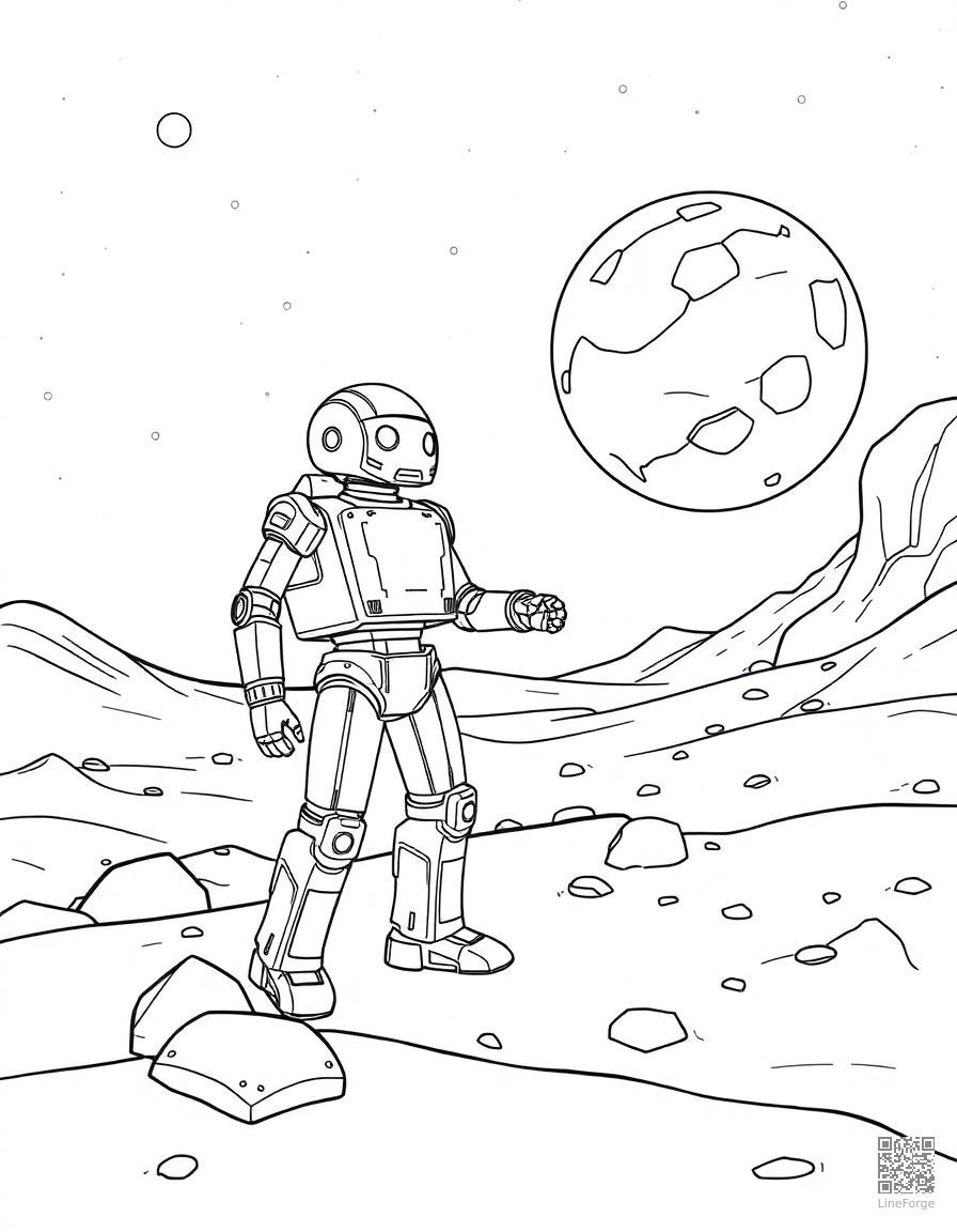 robot exploring an alien planet coloring page Contour style - free printable