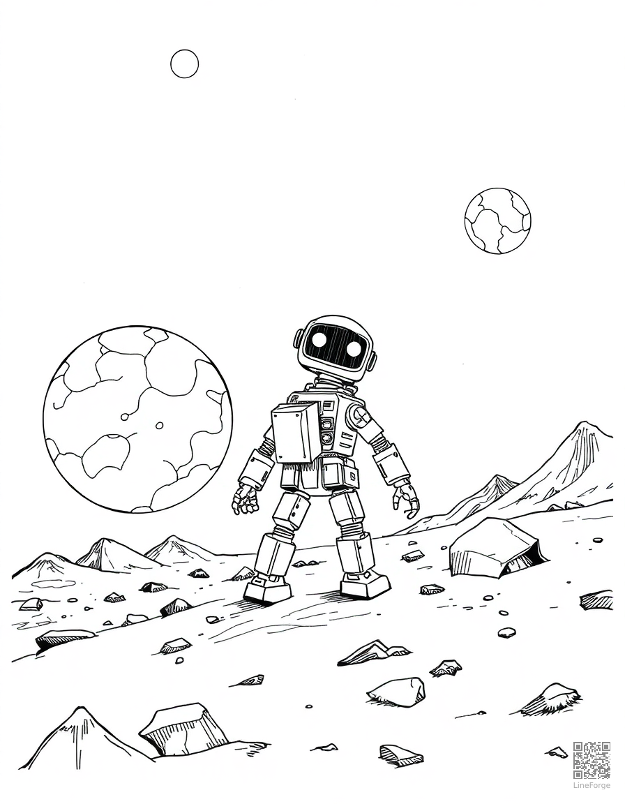robot exploring an alien planet coloring page Crosshatch style - free printable