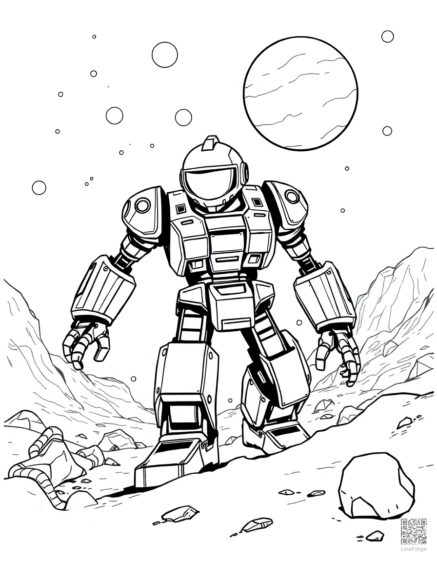 robot exploring an alien planet coloring page Manga style - free printable