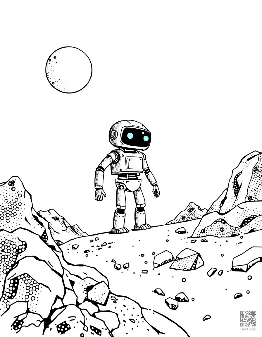 robot exploring an alien planet coloring page Stipple style - free printable