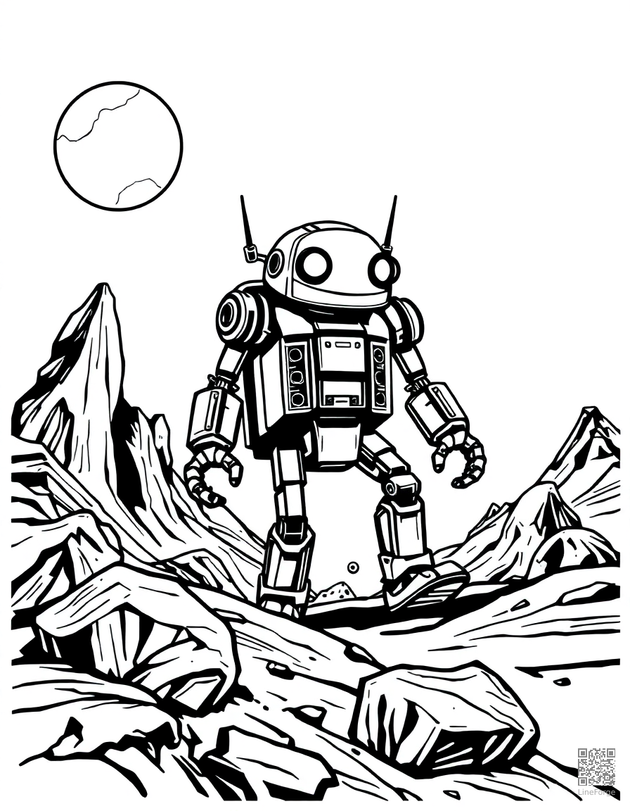 robot exploring an alien planet coloring page Woodcut style - free printable
