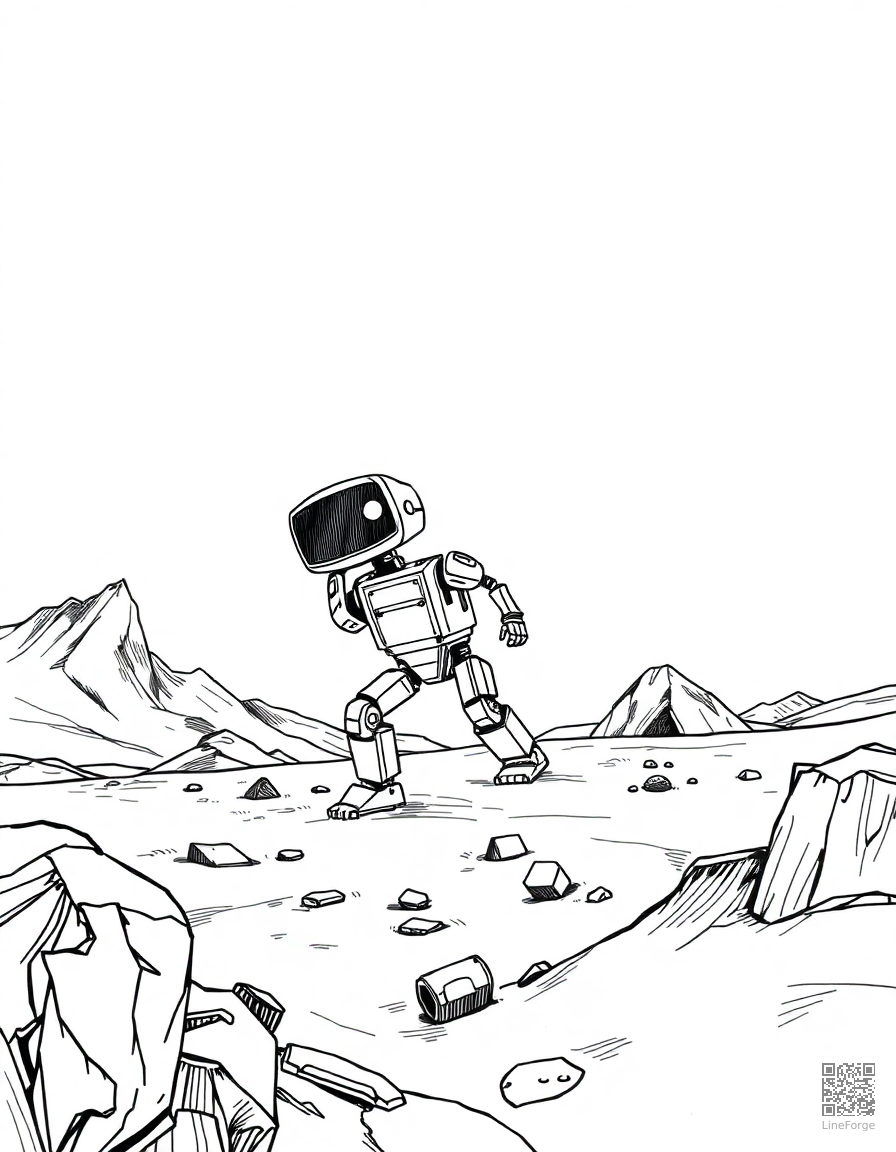 Robot exploring Mars coloring page Crosshatch style - free printable
