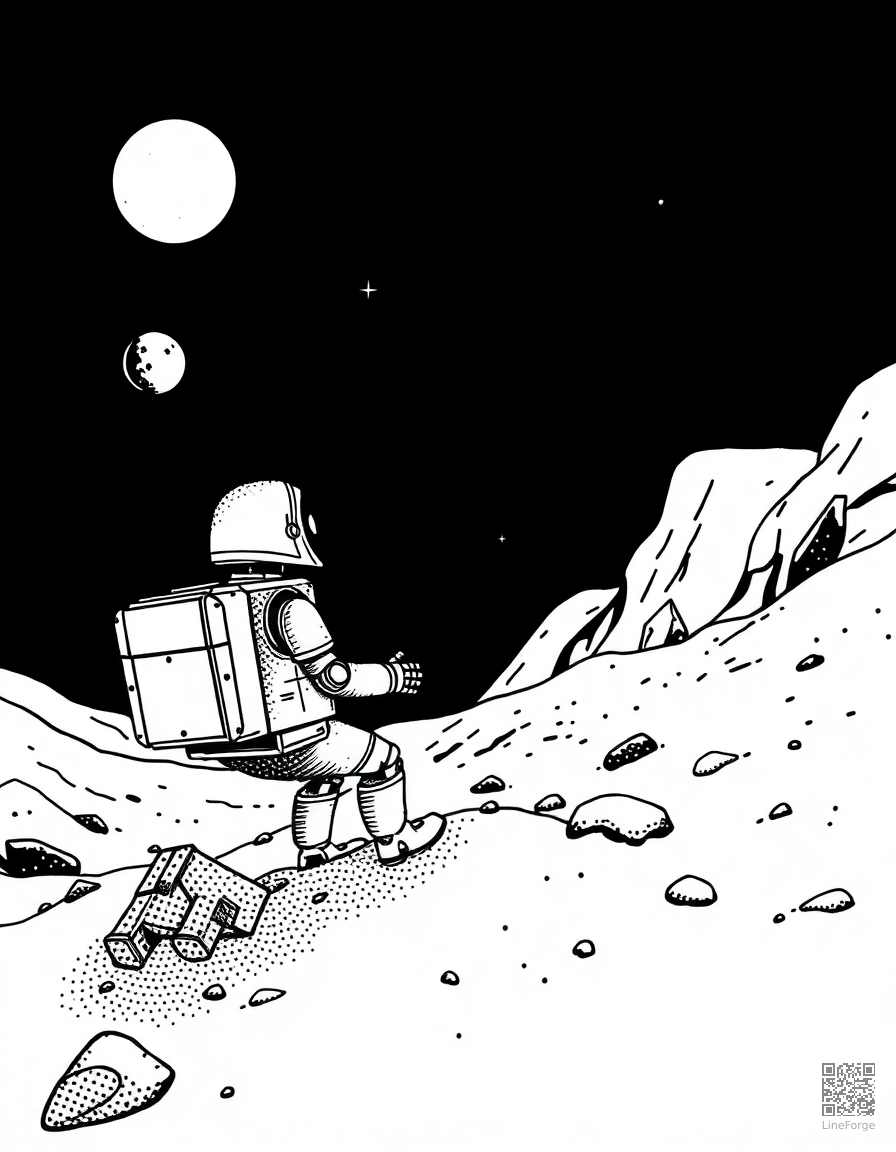 Robot exploring Mars coloring page Stipple style - free printable
