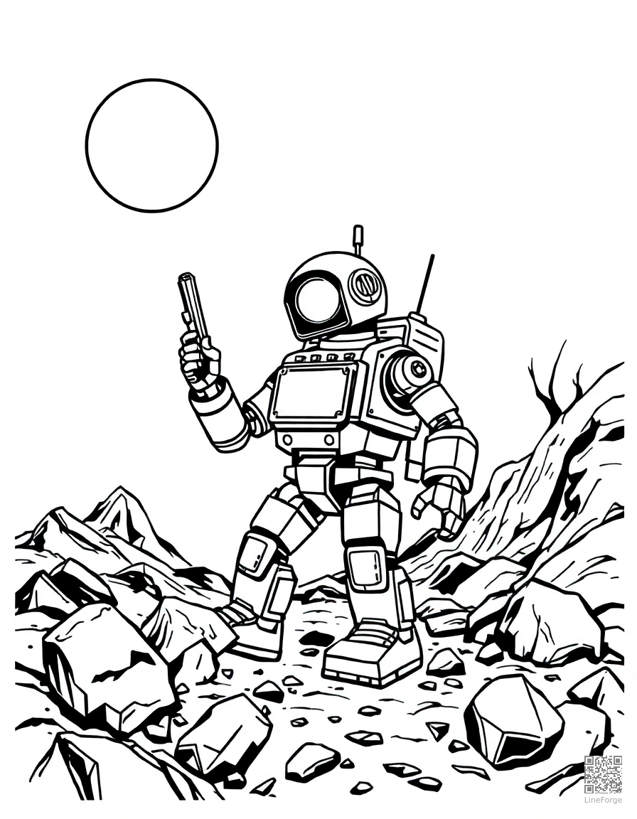 Robot exploring Mars coloring page Woodcut style - free printable