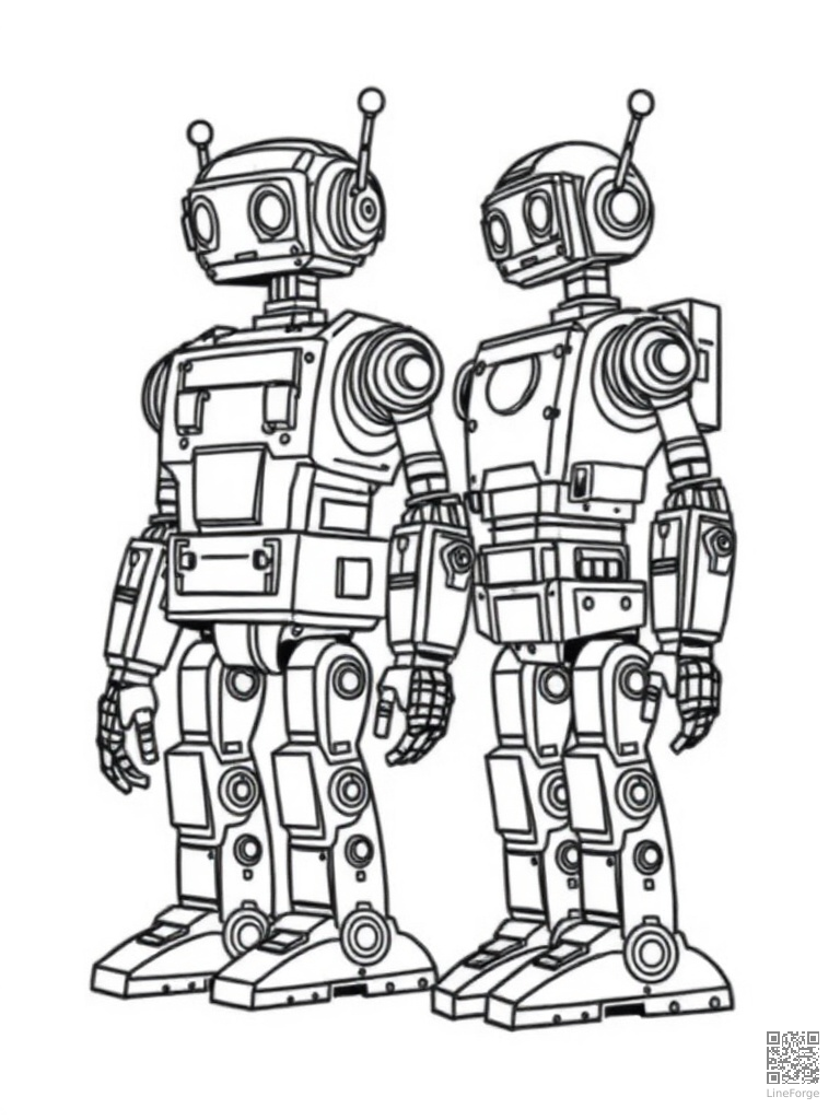 Robot factory assembly line building robots coloring page Contour style free printable