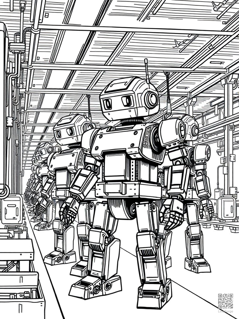 Robot factory assembly line building robots coloring page Crosshatch style free printable
