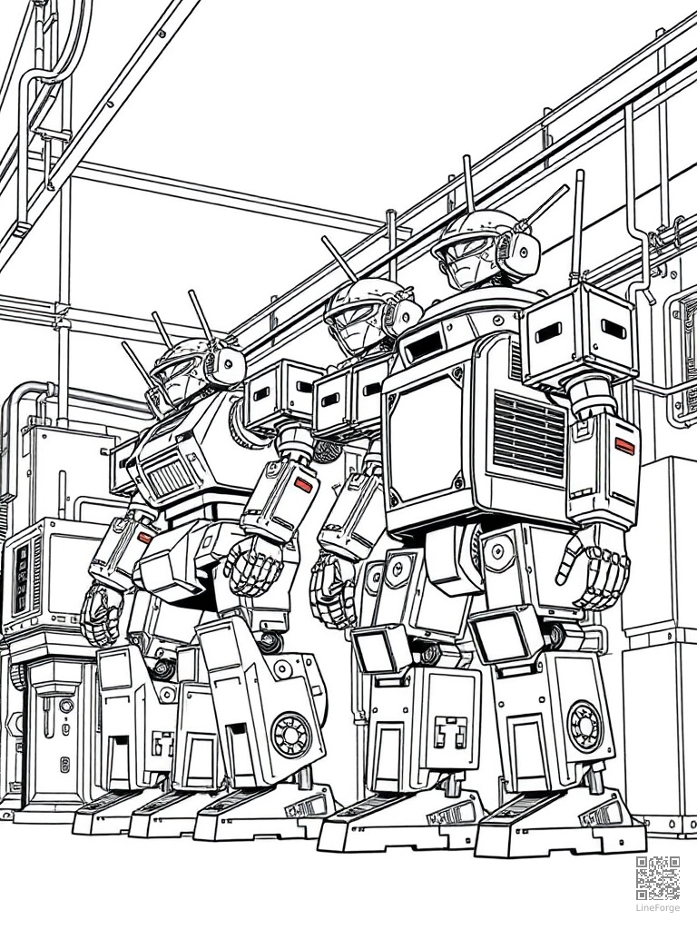 Robot factory assembly line building robots coloring page Manga style free printable