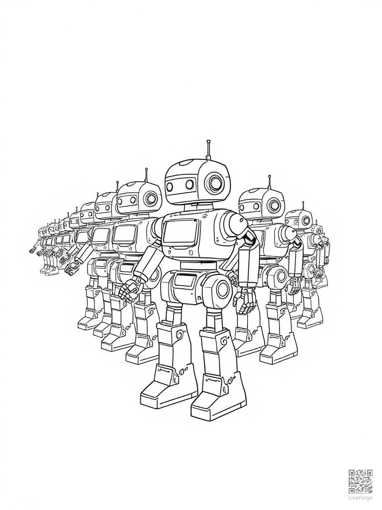 Robot factory assembly line building robots coloring page Minimal style free printable
