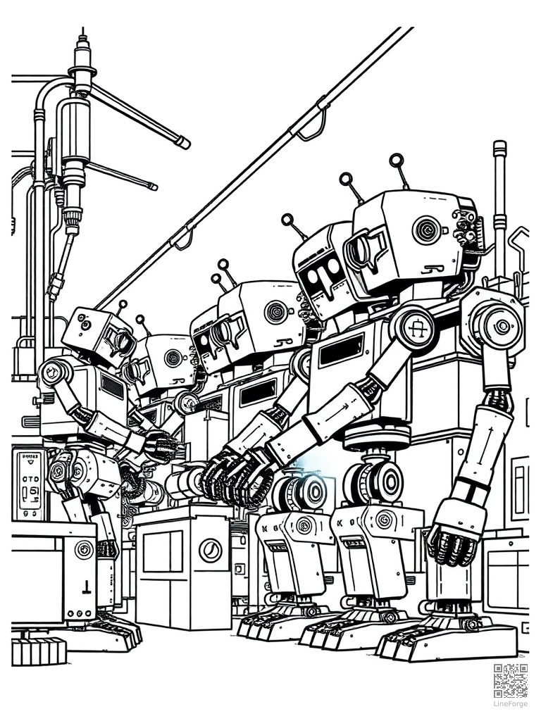 Robot factory assembly line building robots coloring page Woodcut style free printable
