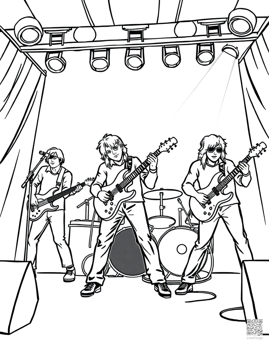 rock band performing on stage coloring page Contour style - free printable