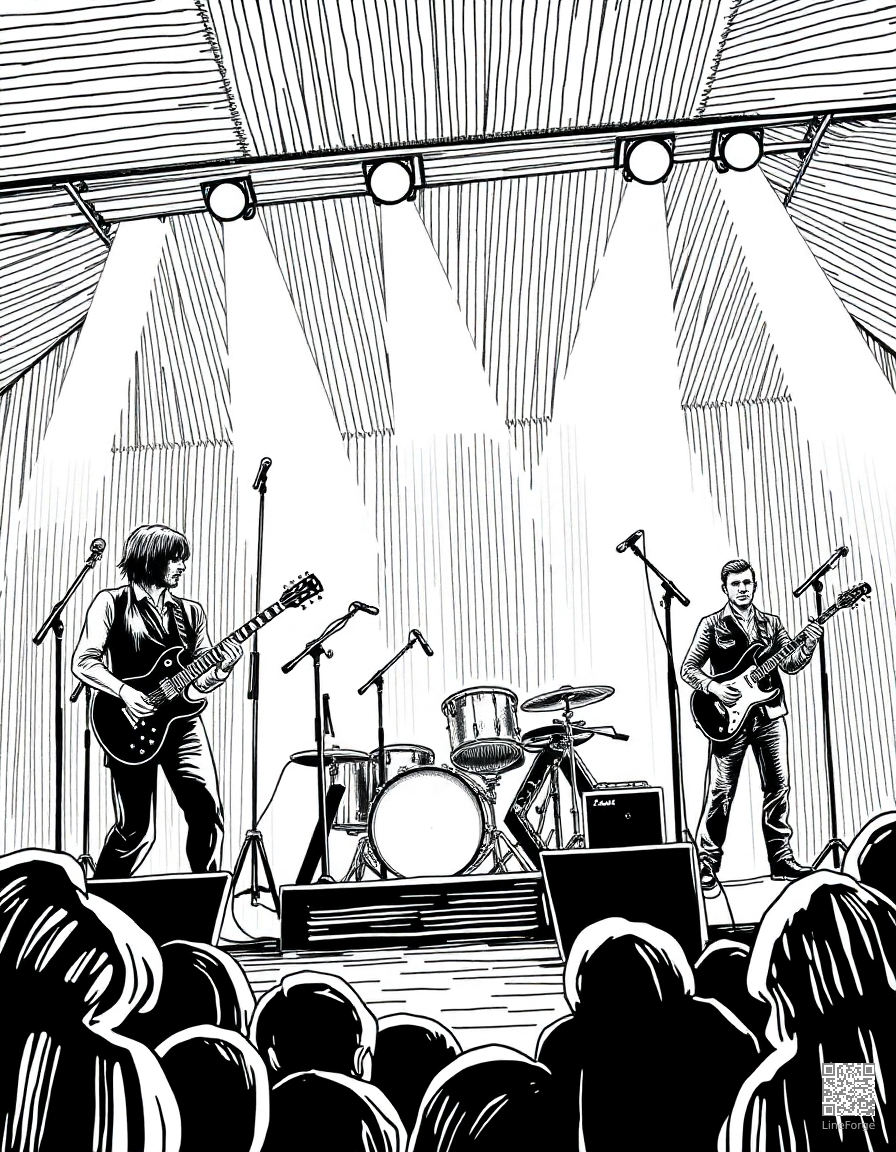 rock band performing on stage coloring page Crosshatch style - free printable