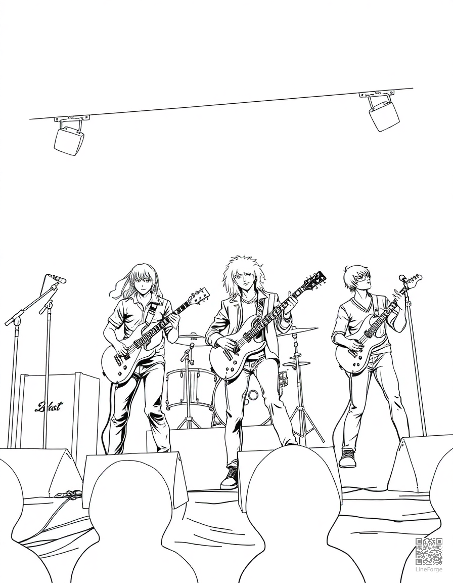 rock band performing on stage coloring page Manga style - free printable