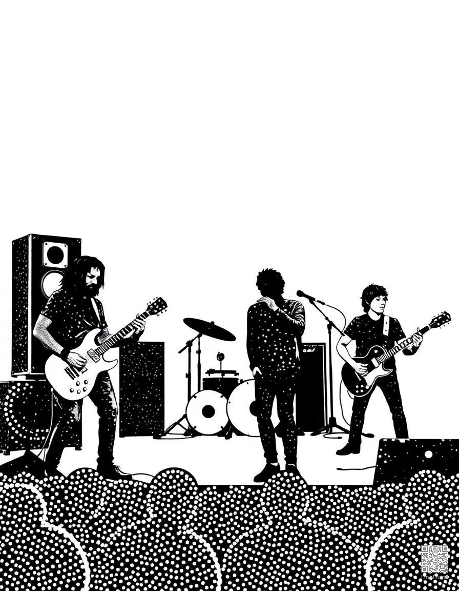 rock band performing on stage coloring page Stipple style - free printable