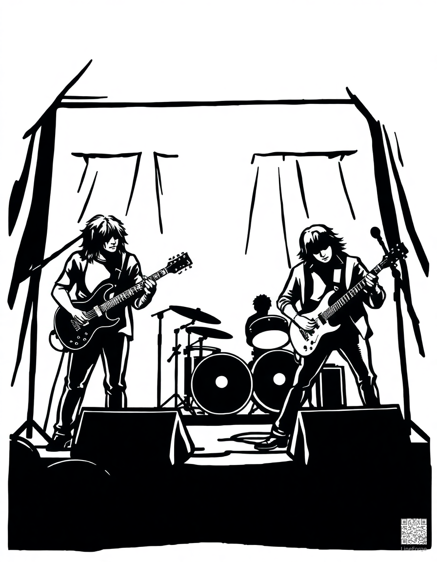 rock band performing on stage coloring page Woodcut style - free printable