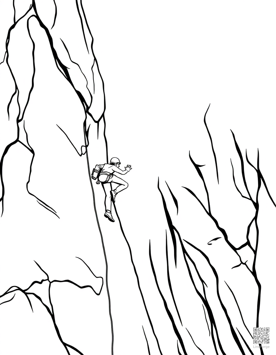 Free rock climber scaling a cliff face coloring page in contour style — printable line art