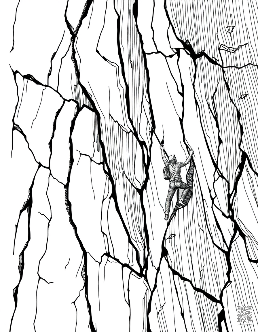 Free rock climber scaling a cliff face coloring page in crosshatch style — printable line art