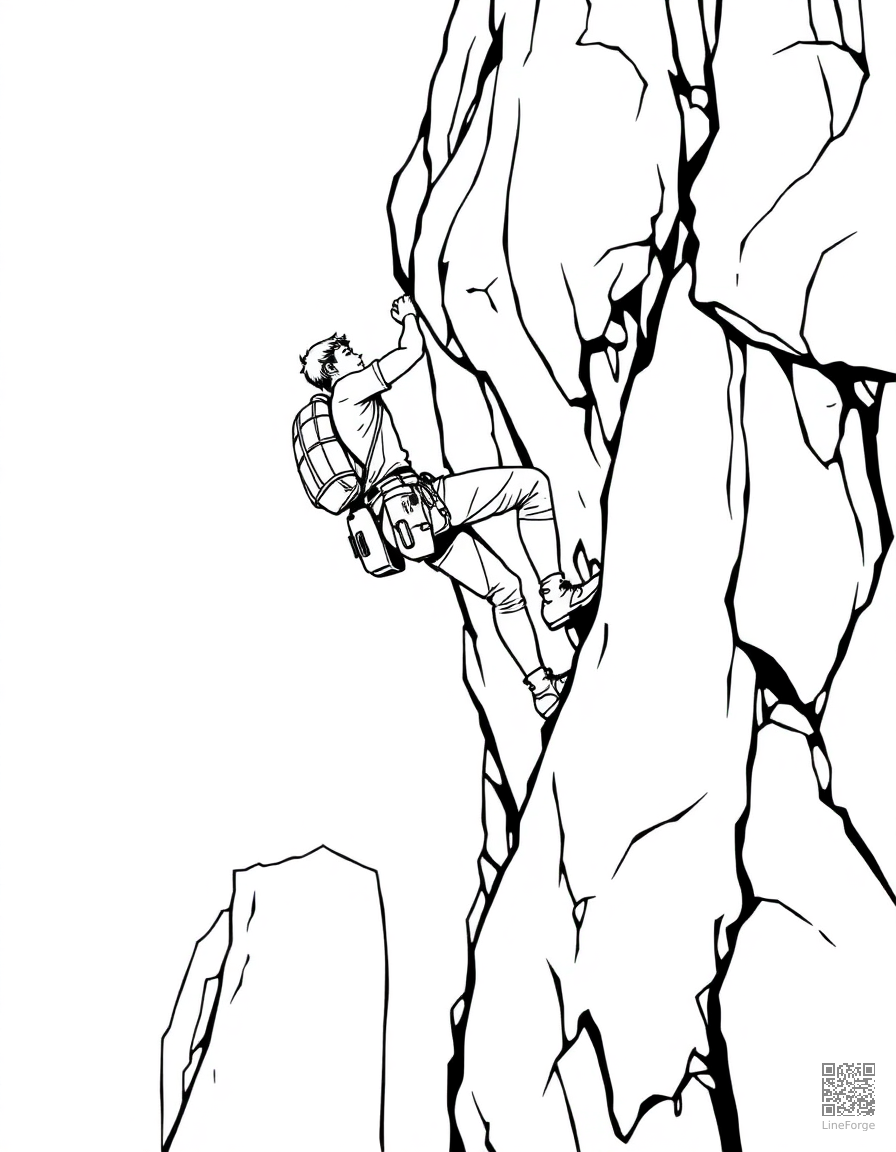 Free rock climber scaling a cliff face coloring page in manga style — printable line art