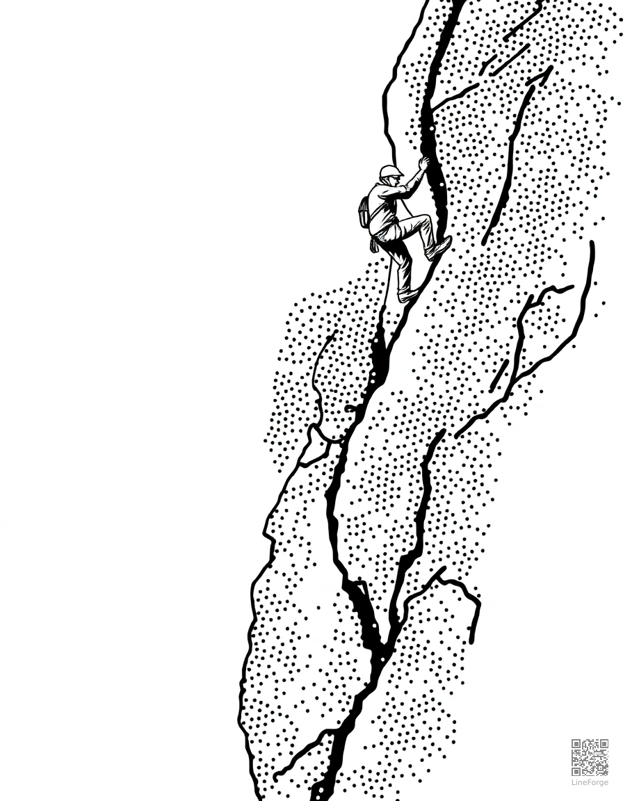 Free rock climber scaling a cliff face coloring page in stipple style — printable line art