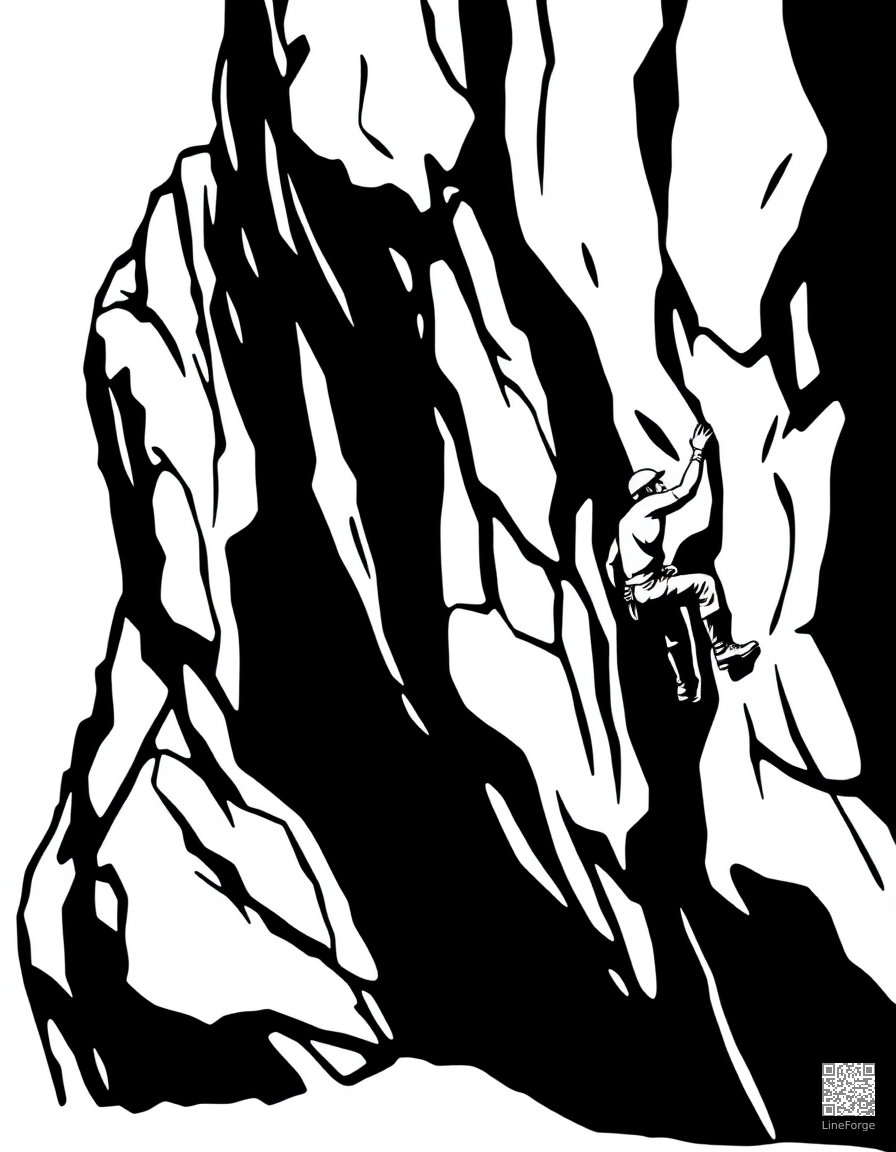 Free rock climber scaling a cliff face coloring page in woodcut style — printable line art