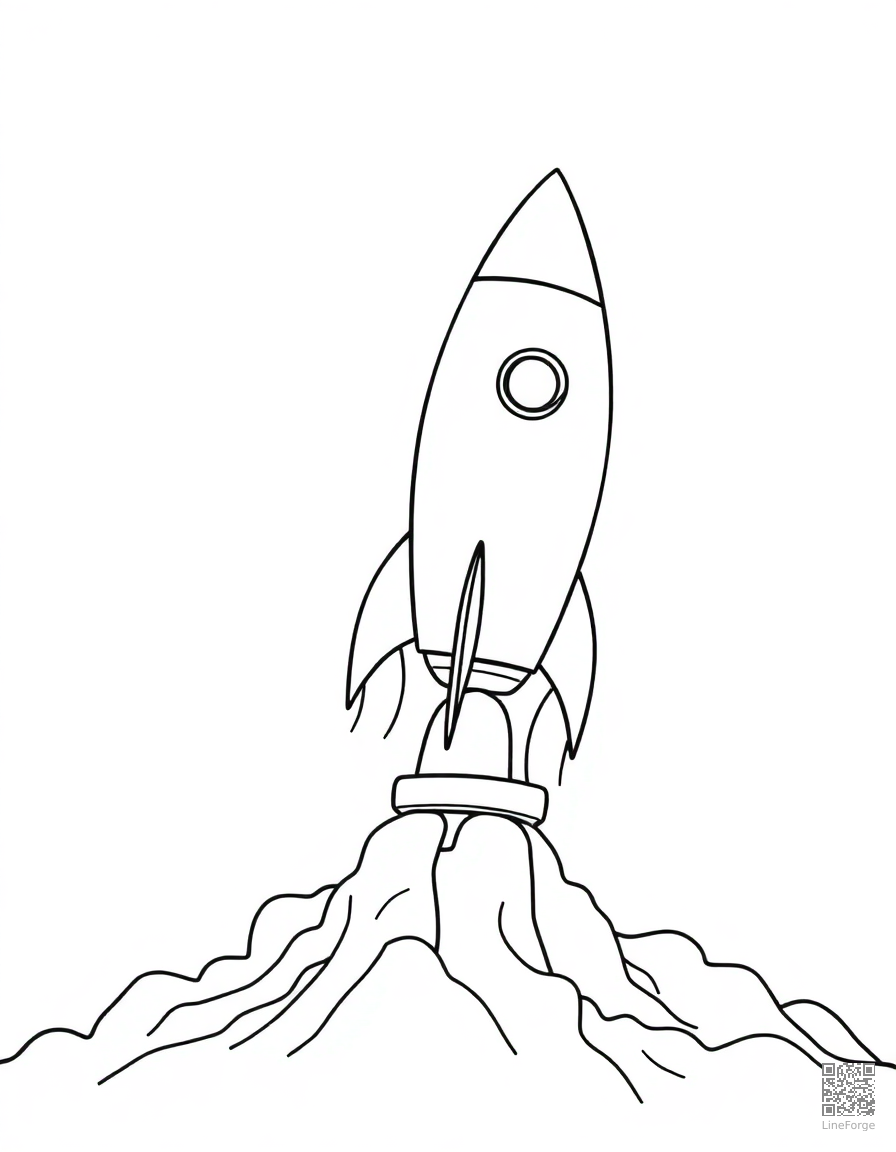 Free rocket ship blasting off from a launch pad coloring page in contour style — printable line art