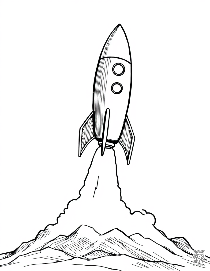 Free rocket ship blasting off from a launch pad coloring page in crosshatch style — printable line art