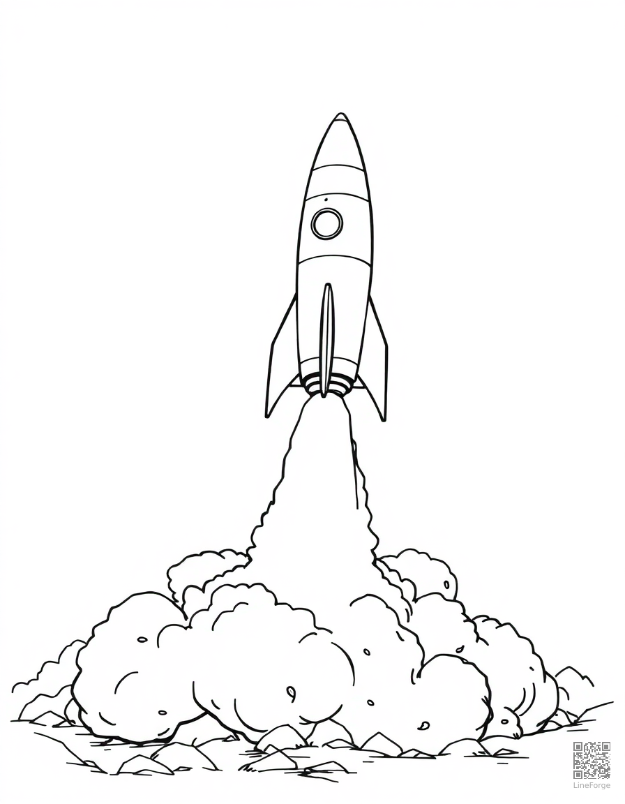 Free rocket ship blasting off from a launch pad coloring page in manga style — printable line art