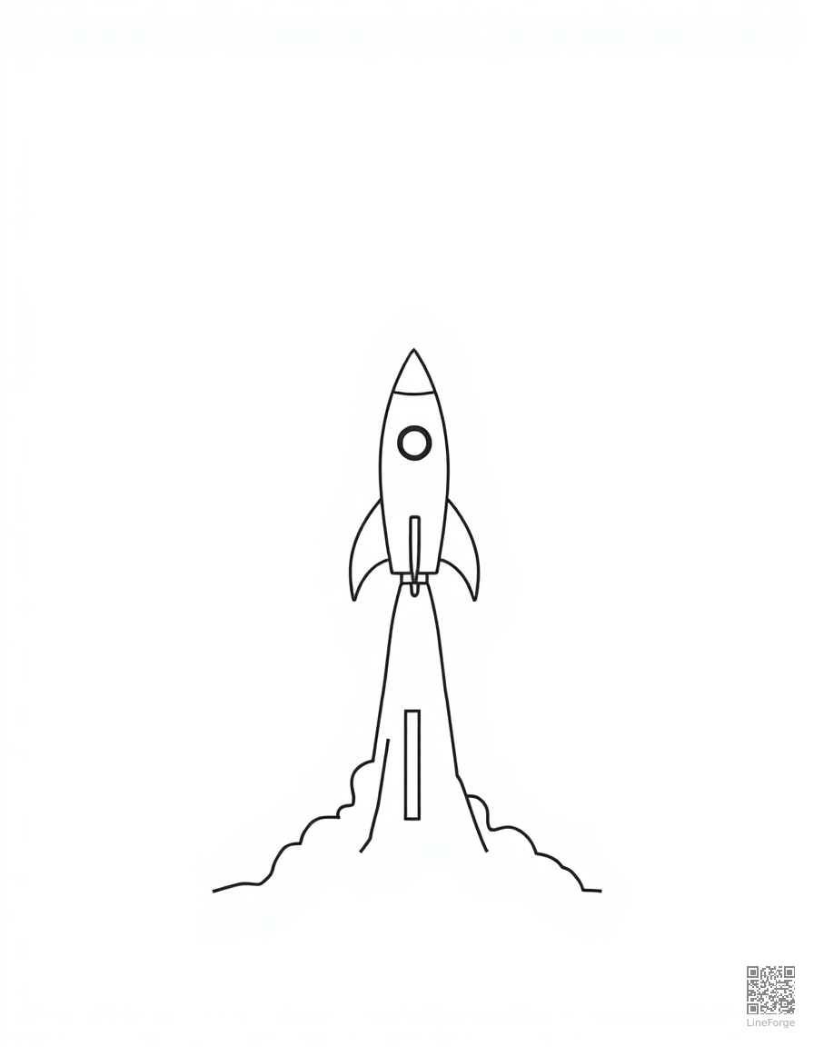 Free rocket ship blasting off from a launch pad coloring page in minimal style — printable line art