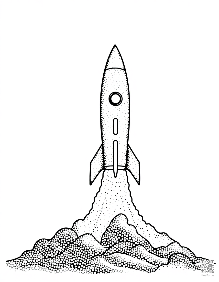 Free rocket ship blasting off from a launch pad coloring page in stipple style — printable line art