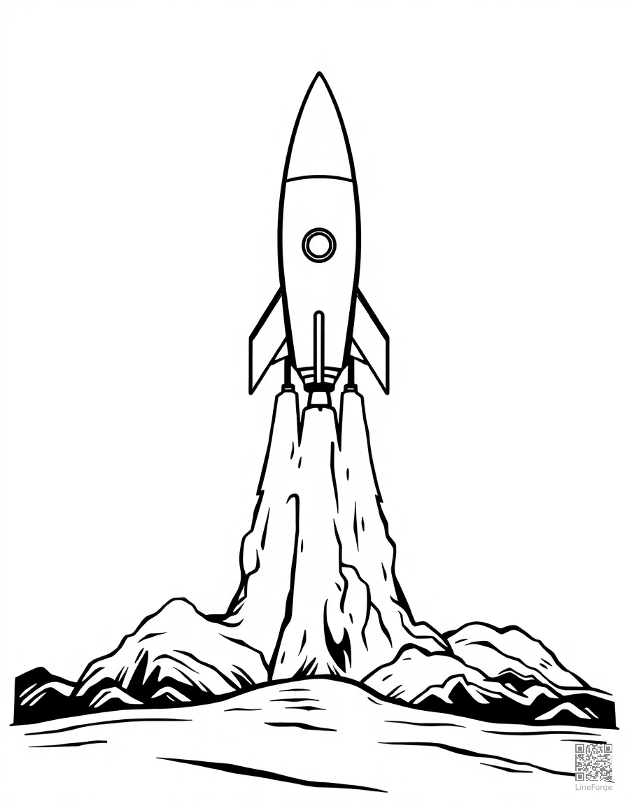 Free rocket ship blasting off from a launch pad coloring page in woodcut style — printable line art