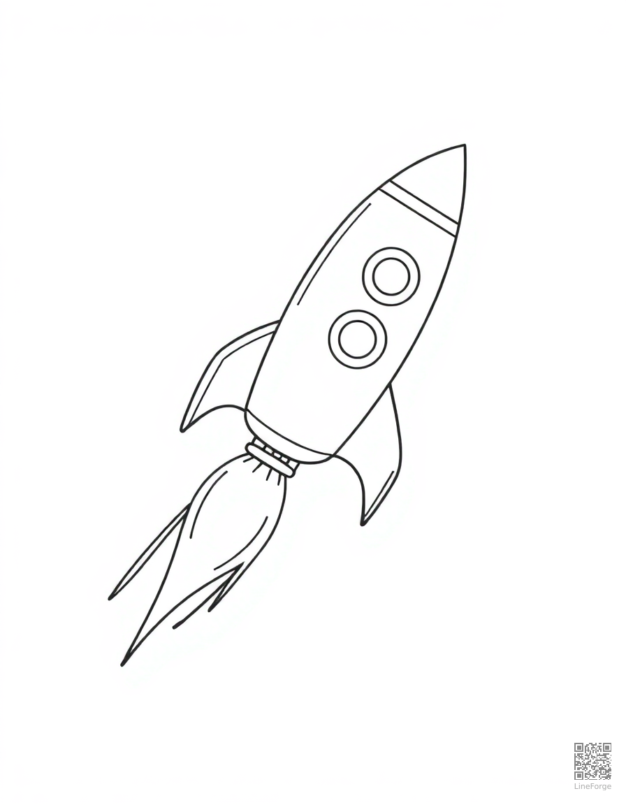 Free rocket ship blasting off into space coloring page in contour style — printable line art